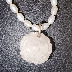 1990s QVC Retired Status Honora Pearls Ming Carved White Rose Pendant Necklace